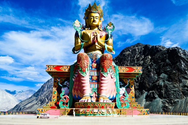 32 metre statue of Maitreya Buddha near Diskit Monastery facing down the Shyok River, Disket, Nubra Valley