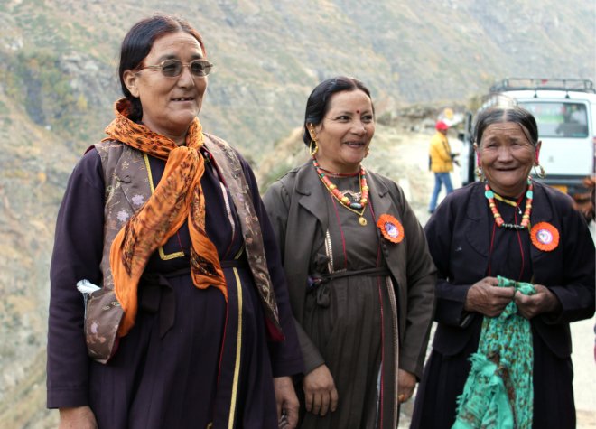 Lahauli women dressed in their traditional attire returning from a wedding